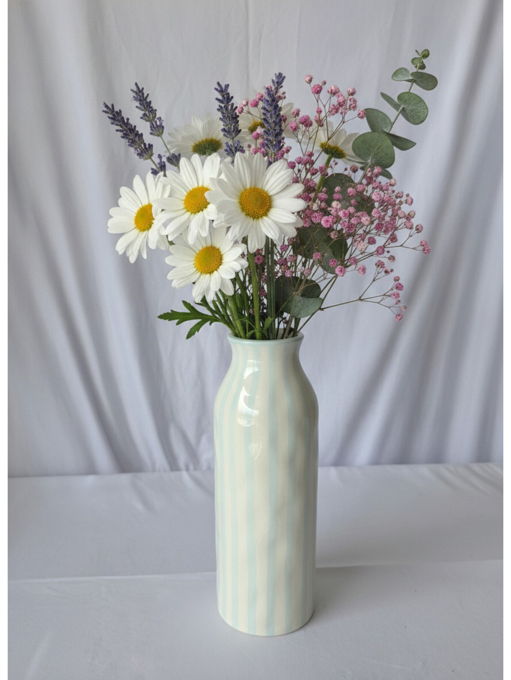 Tall Ceramic Table Vase with Light Blue and White Stripes